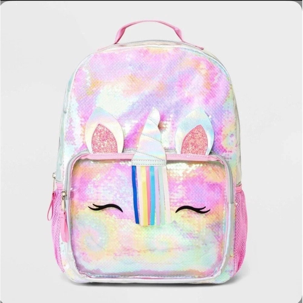 Cat & Jack Unicorn Backpack Kids 16 Inch Rainbow Flip Sequin Holographic NWT